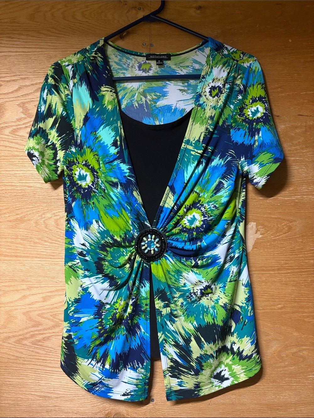 Notations Green Blue Floral Twist-Front Short Sleeve Top
